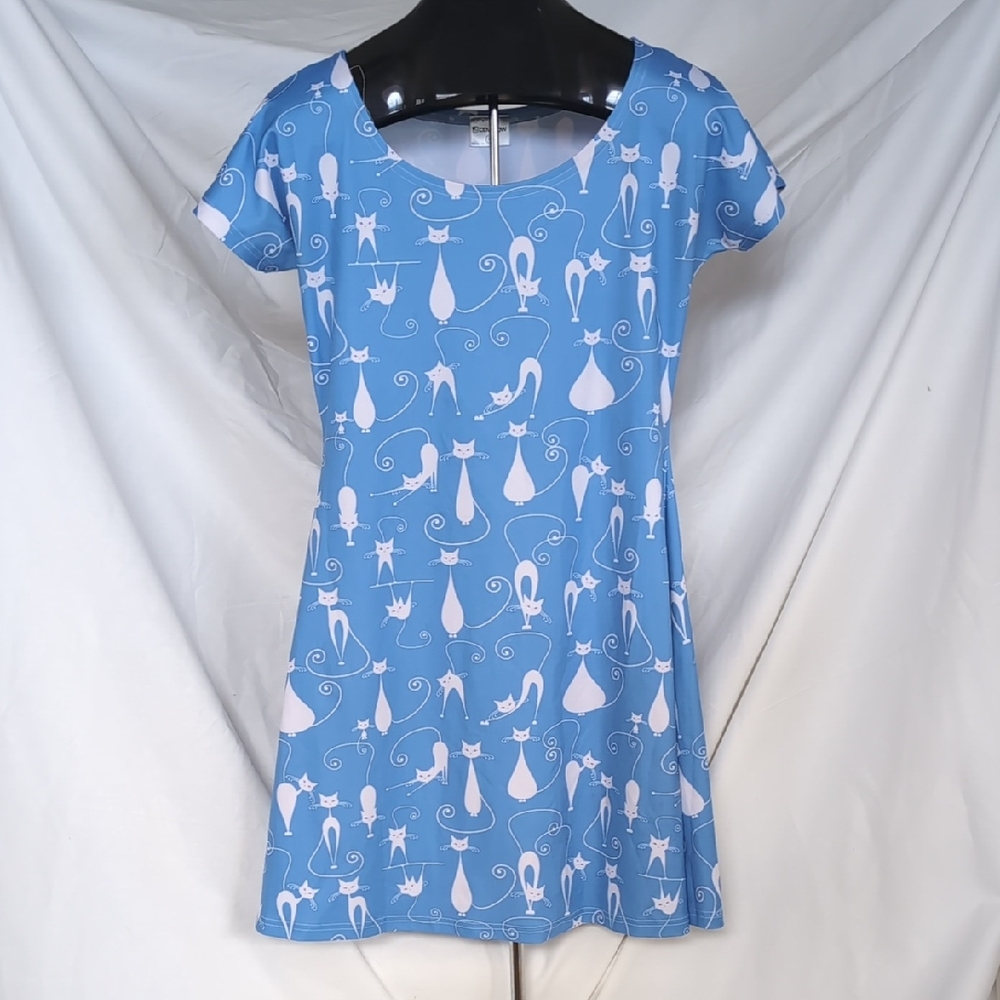 Blue Cat Print Midi Dress